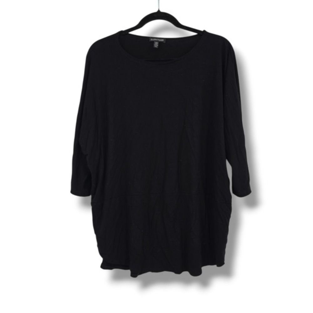 Eileen Fisher Black Viscose Spandex Jersey Dolman 3/4 Sleeve Tunic Top Medium